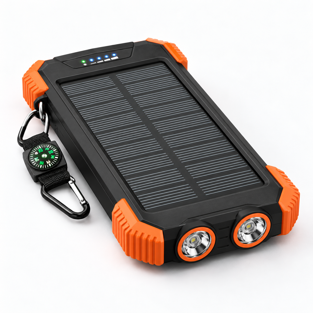 Single power bank photographed lying solar-panel-up, with its dual flashlight end facing the camera.