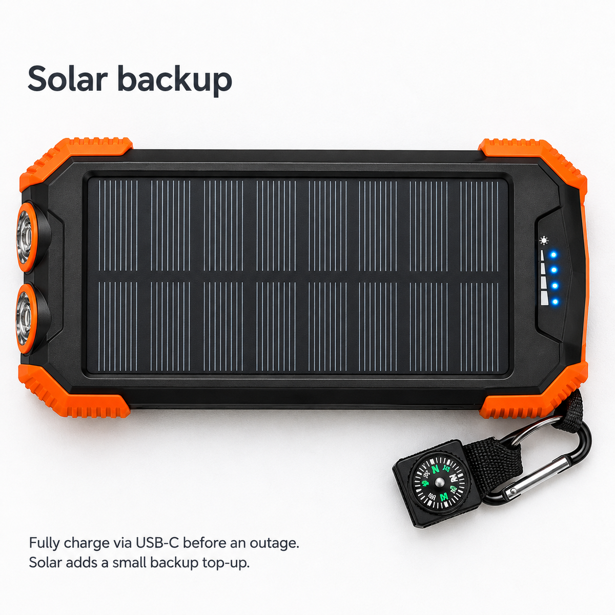 New horizontal overhead close-up of the power bank's solar panel and charge indicators.