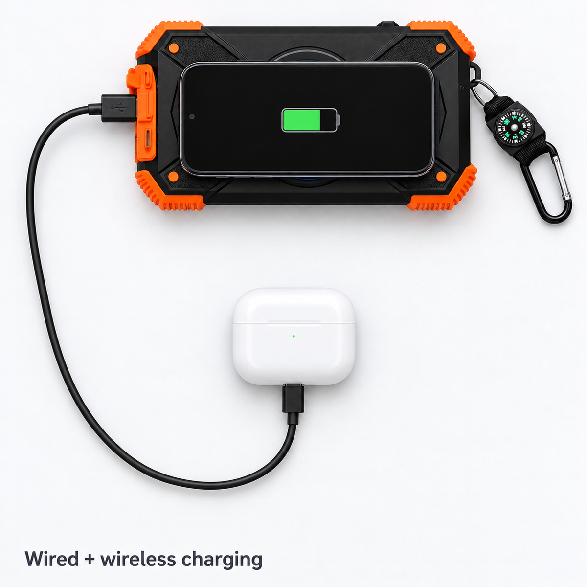 Original overhead arrangement showing a phone charging wirelessly and an earbud case connected by USB.